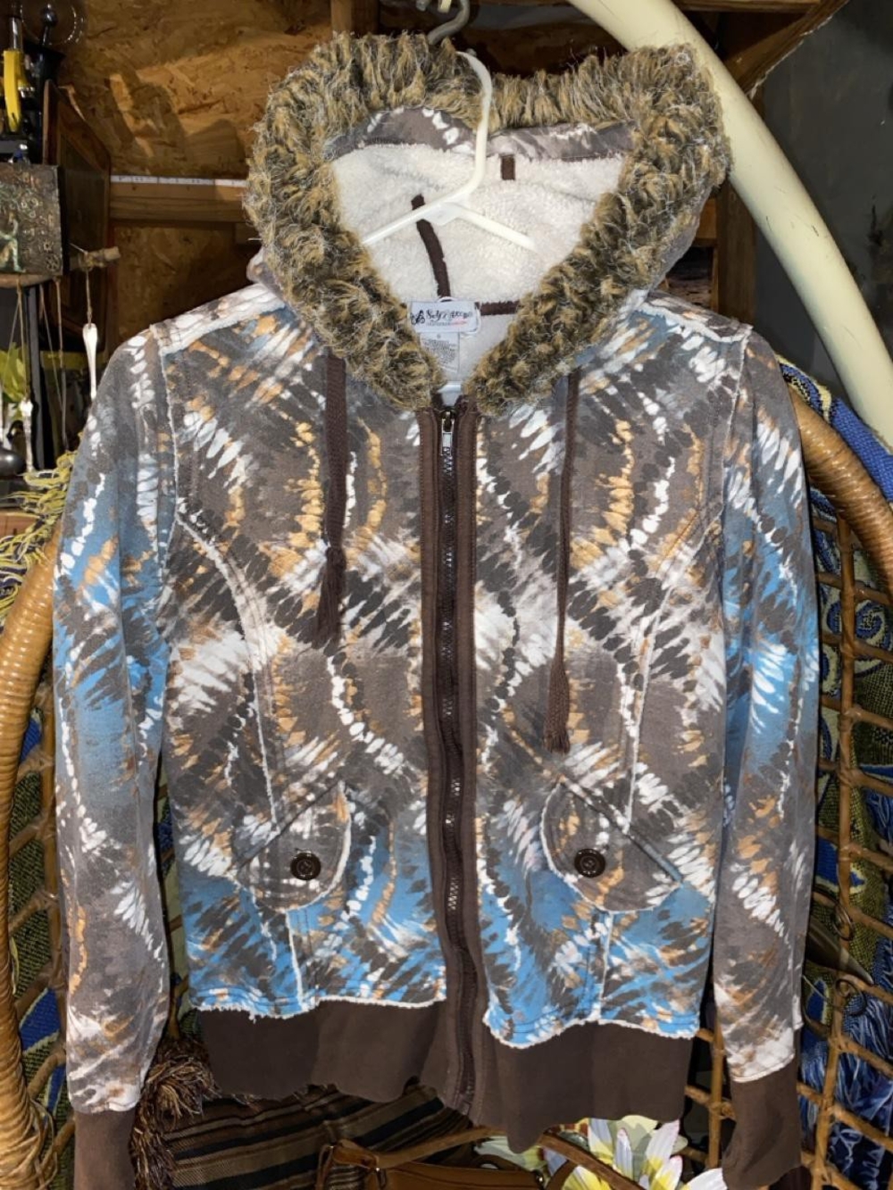 VTG Y2K Self Esteem Aztec Tie Dye Zip Up Hoodie Faux Fur Trim Sherpa Lined Jacke